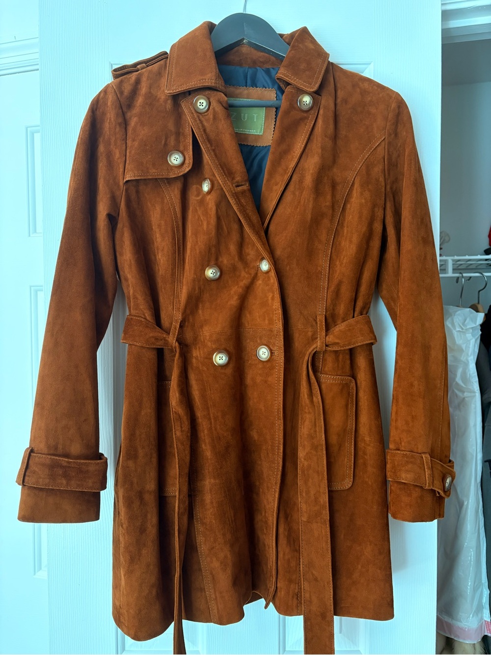 Women's Suede Double-Breasted Trench Coat in Cognac size = a generous Small